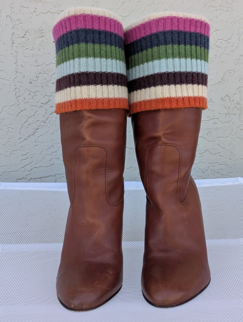 COACH Monika Vintage Leather Heeled Boots Striped Knit Sweater Cuff